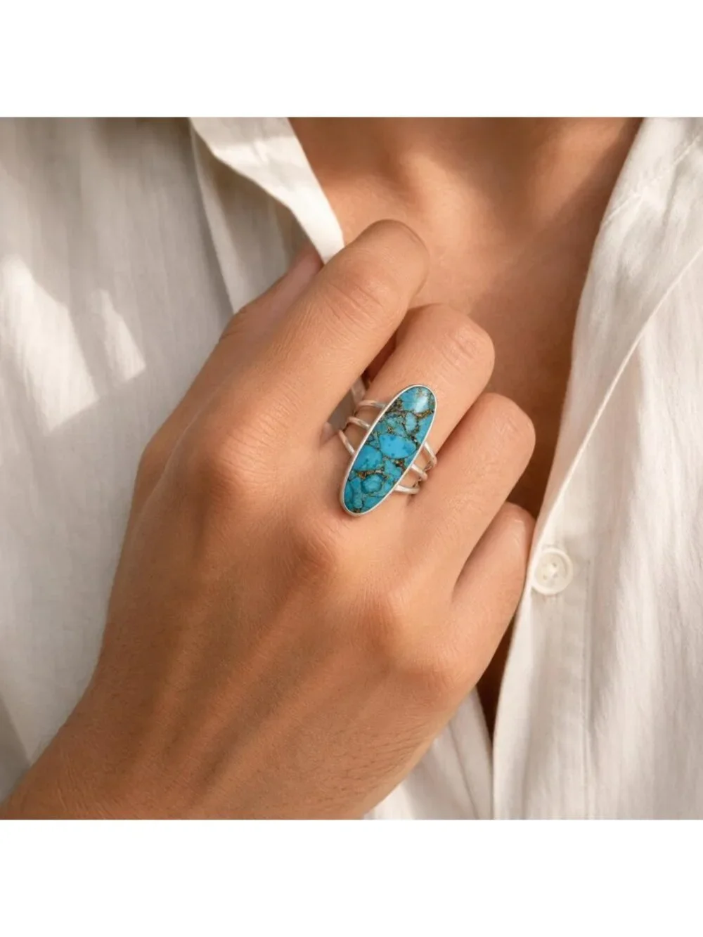 Handmade 925 Sterling Silver Long Oval Turquoise Statement Ring for Women
